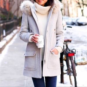 J Crew hooded Stadium Coat with removable fur trim. Size 0. Gray wool.